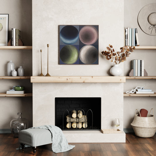 Geometric art print above the fireplace.