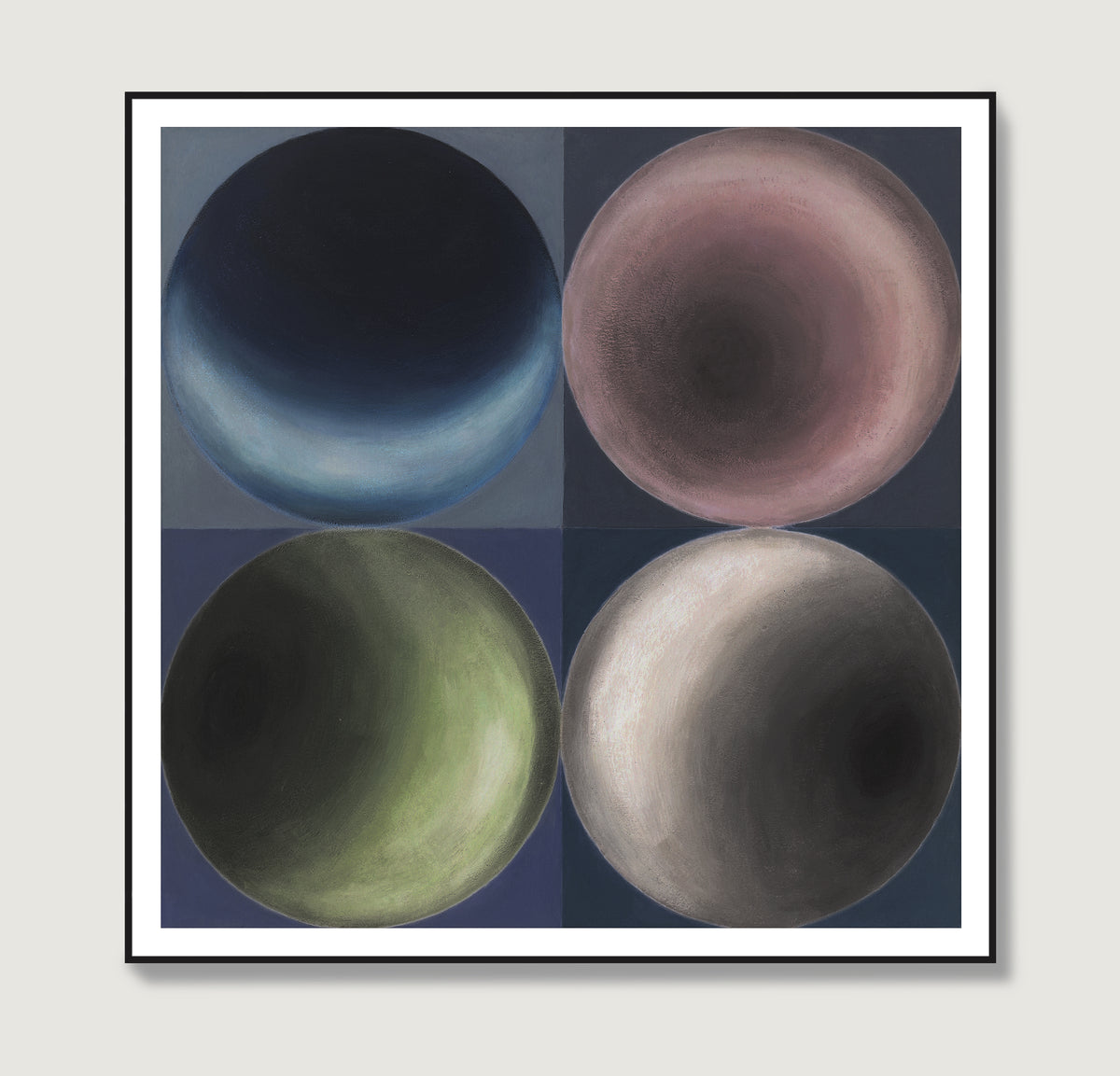 Dark moody geometric art print with spheres.