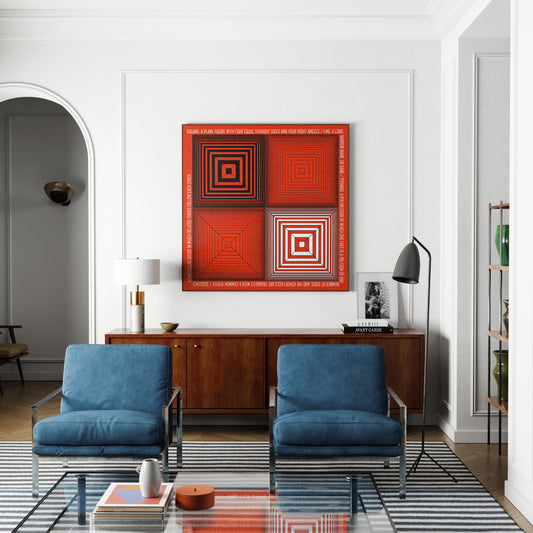 Geometric composition art print with red, white and black in a modern living room.