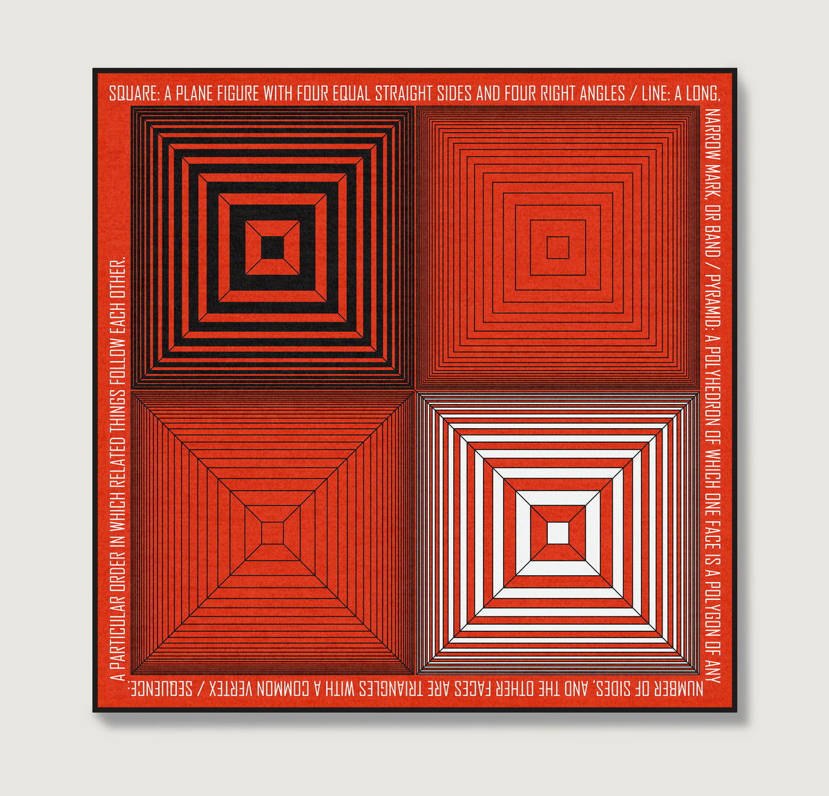 Geometric composition art print with red, white and black.