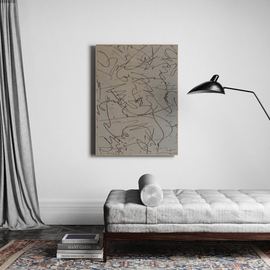 Monochrome abstract contemporary art print in a minimalist and elegant interior.