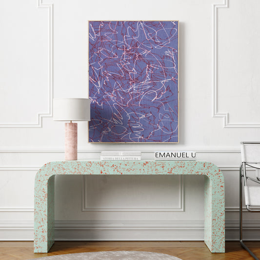Purple abstract art print with white lines in an elegant interior.