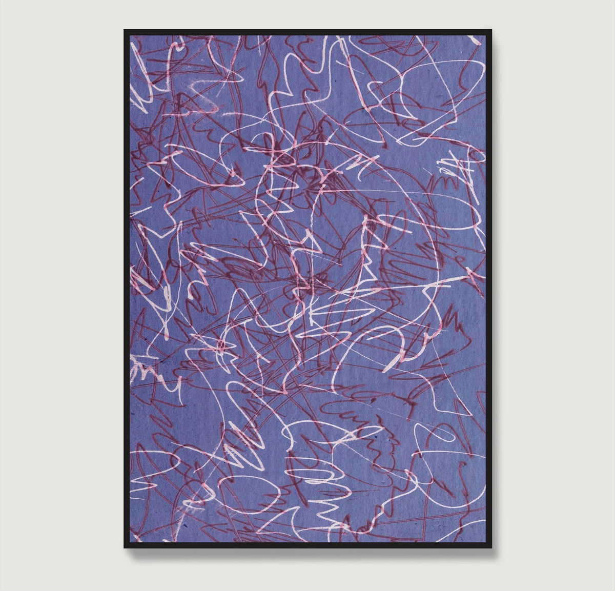 Purple abstract art print with white lines.