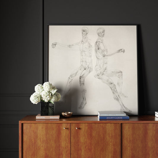 Anatomy art print with two seated figures, in an elegant and dark interior.