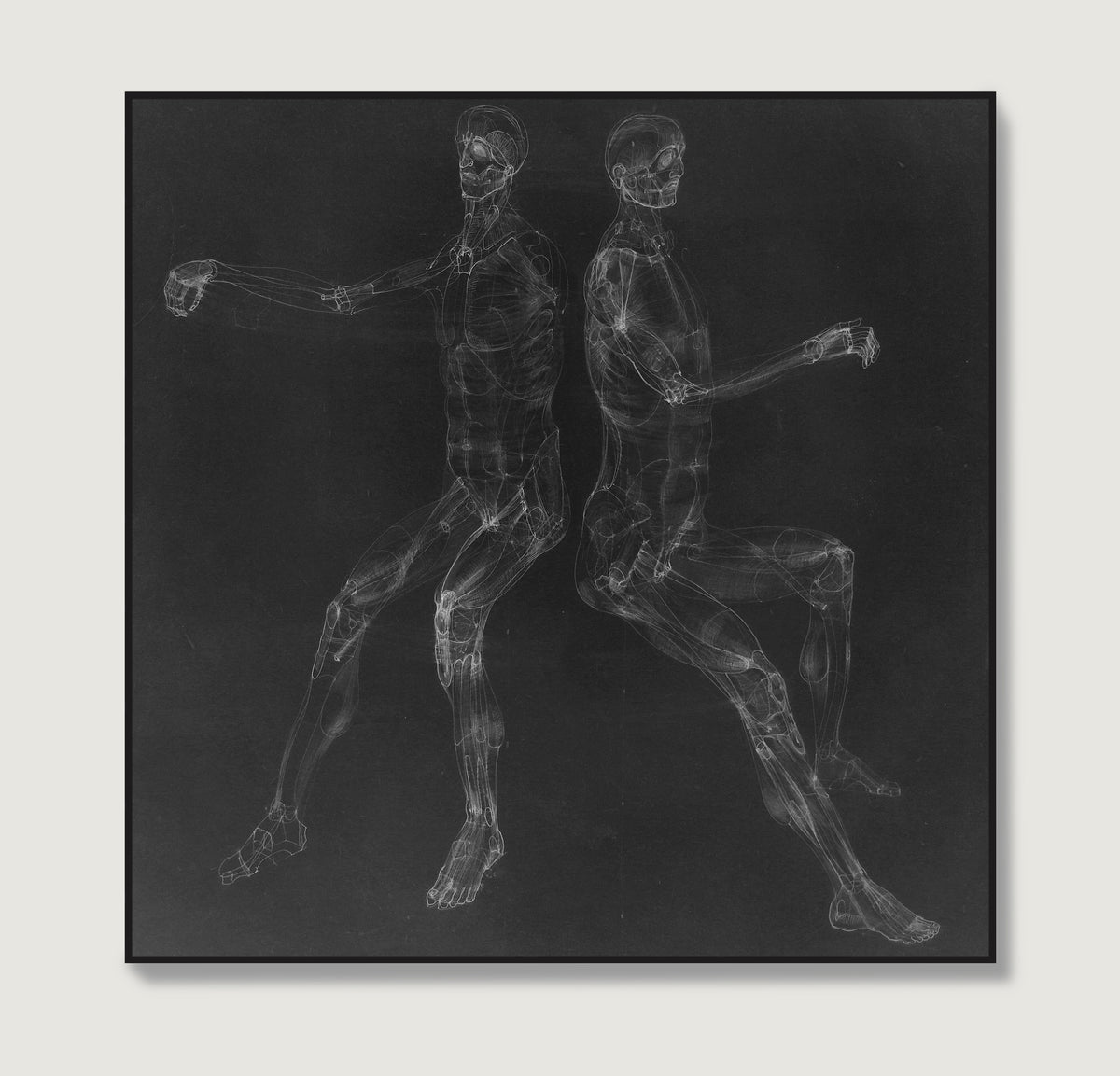 Black and white anatomy art print with two seated figures.