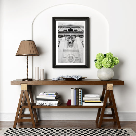Black and white photography art print of a church facade in Venice, in an eclectic interior.