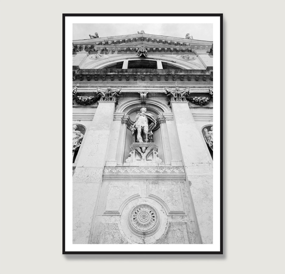 Black and white photography art print of a church facade in Venice.