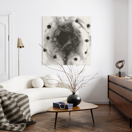 Abstract black and white art print in watercolor technique, on a wall in a parisian chic interior.