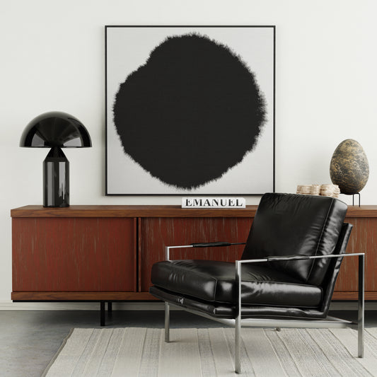 Abstract minimalist black and white art print in a sophisticated interior.