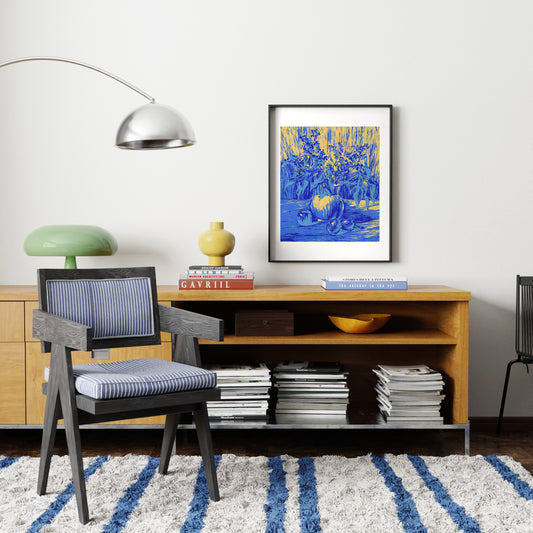Still life with flowers with blue and yellow colors graphic art print in an eclectic interior.