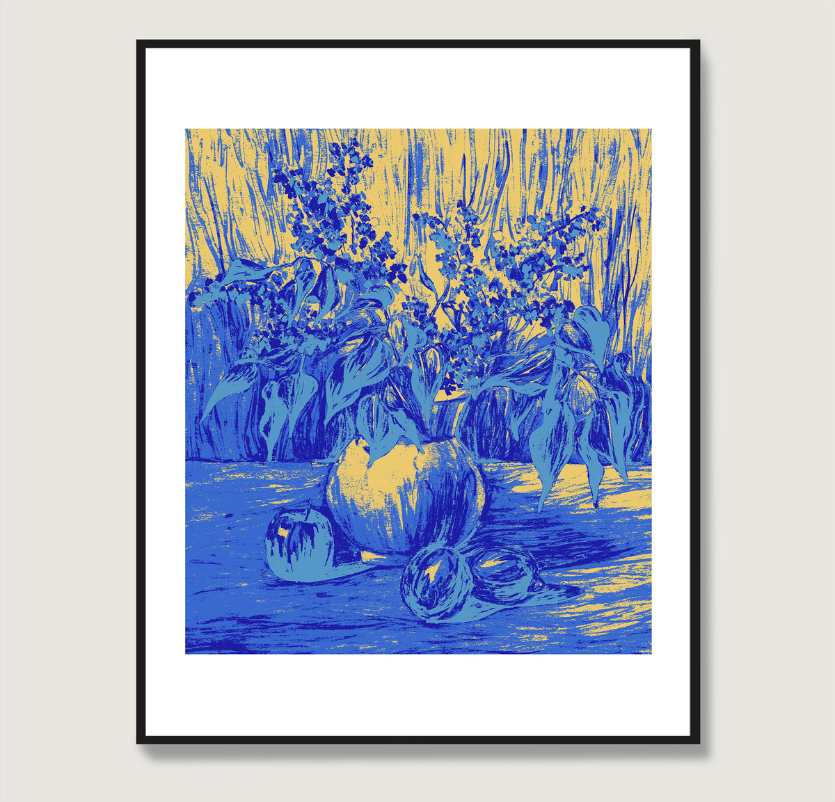 Still life with flowers with blue and yellow colors graphic art print.