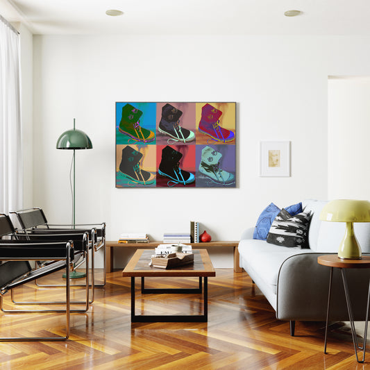 Colorful pop art art print with boots in a living room.