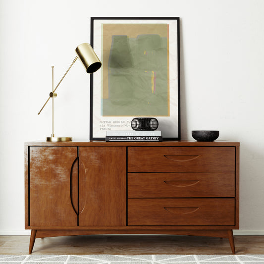 Artistic photography graphic art print with text, on a vintage sideboard.