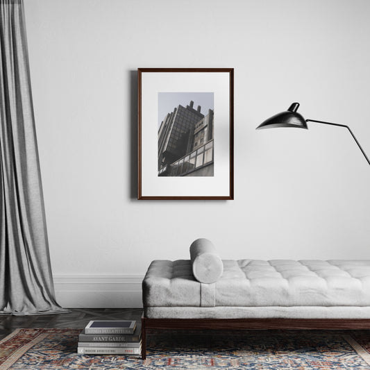 Urban photography art print of a modern office building, in an elegant and minimalist interior.
