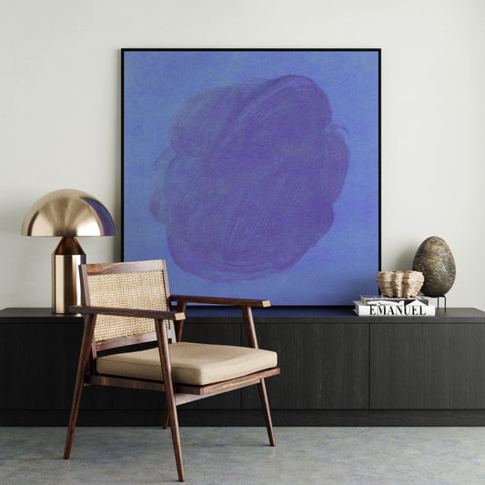 Blue abstract contemporary art print in a neo-industrial interior.