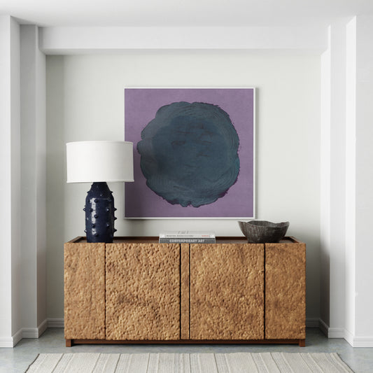 Green on pink abstract contemporary art print in a minimalist white, natural interior.