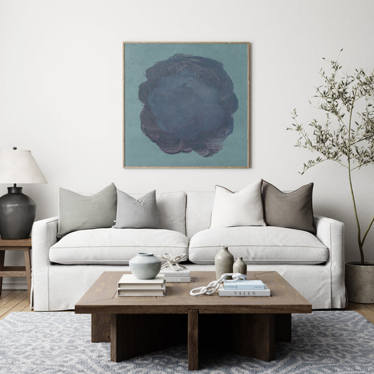 Cold color palette abstract contemporary art print, in a cozy interior.