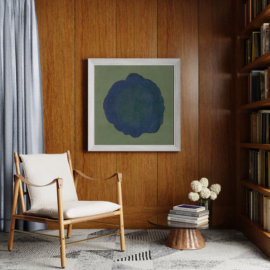 Blue on green abstract contemporary art print in a mid-century modern interior.