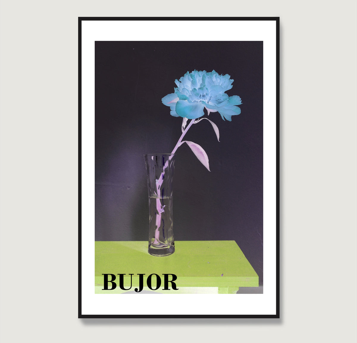 Framed artwork of a blue flower in a glass vase on a green platform with 'BUJOR' title.
