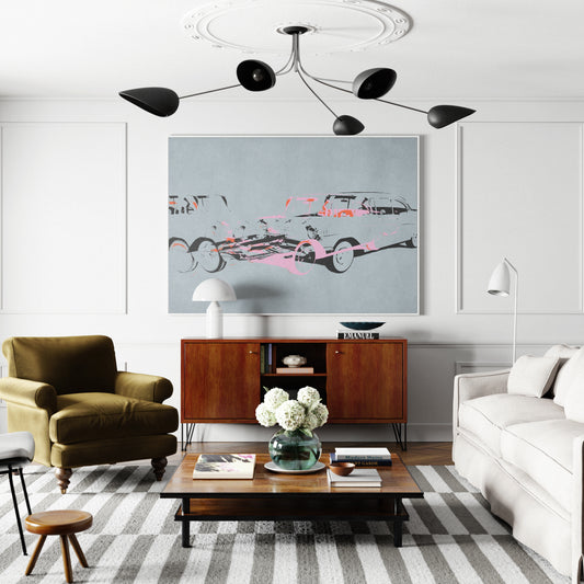 Pop art car crash on blue art print in a luxury interior.