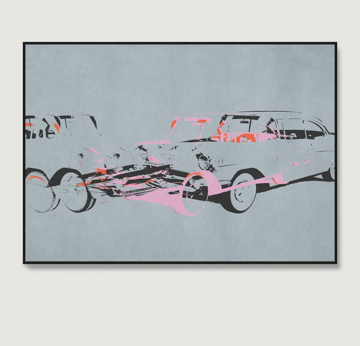 Pop art car crash on blue art print.