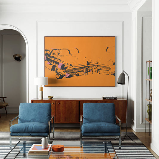 Orange car crash pop art art print in an eclectic, luxury living room.