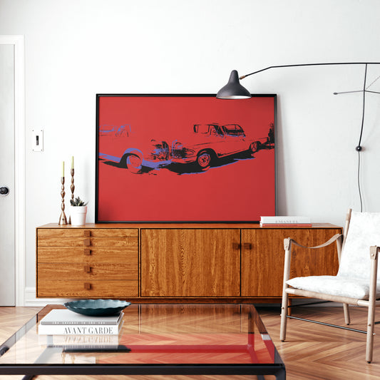 Red car crash pop art art print in a bright, modern interior.