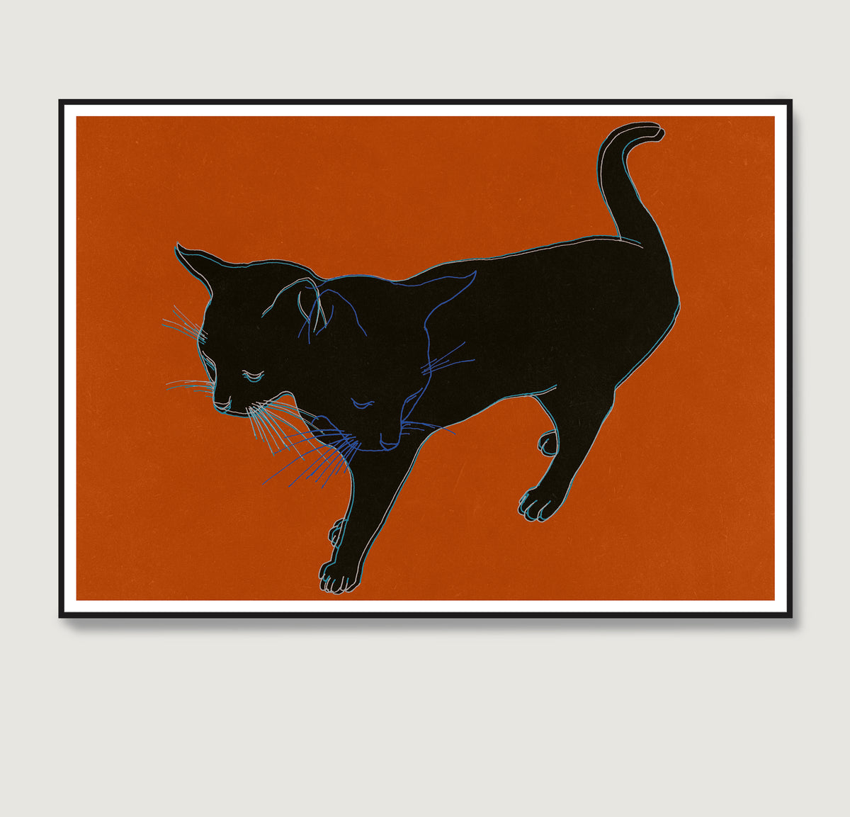Art print with a black cat on an orange background.