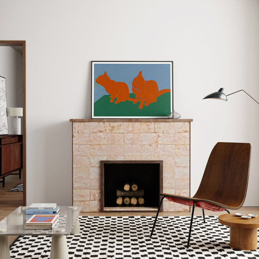 Art print with cats in an eclectic interior.