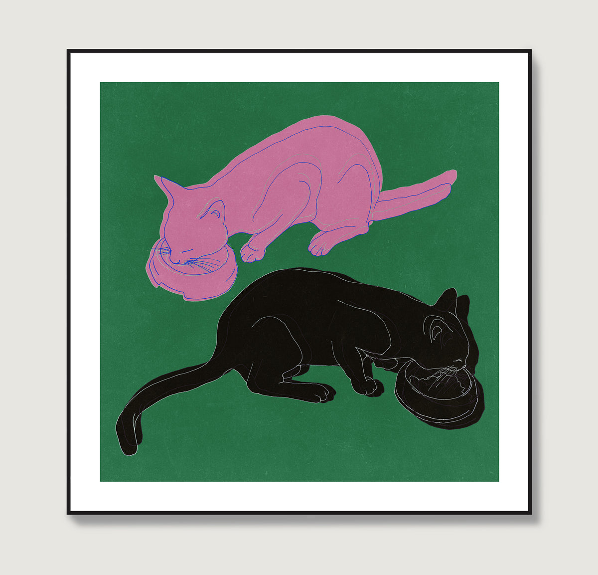 Art print with two cats eating on a green background.