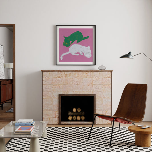 Art print with two cats in an eclectic interior, above a fireplace.
