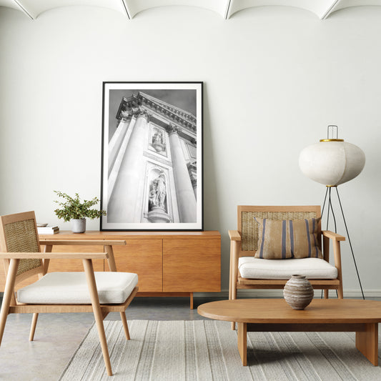 Architectural photography of a Venetian church, black and white art print in a natural style interior.