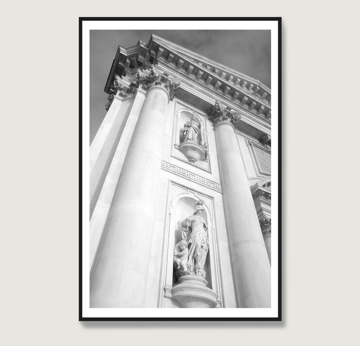 Architectural photography of a Venetian church, black and white art print.