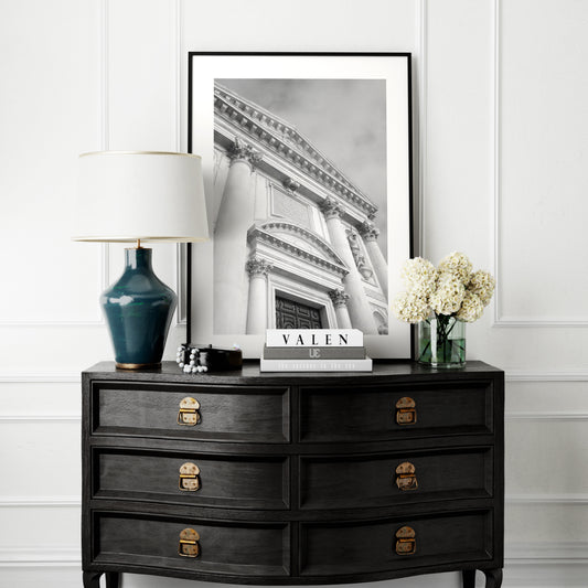 Classic facade of a Venetian church, black and white architectural photography art print in an elegant, chic interior.