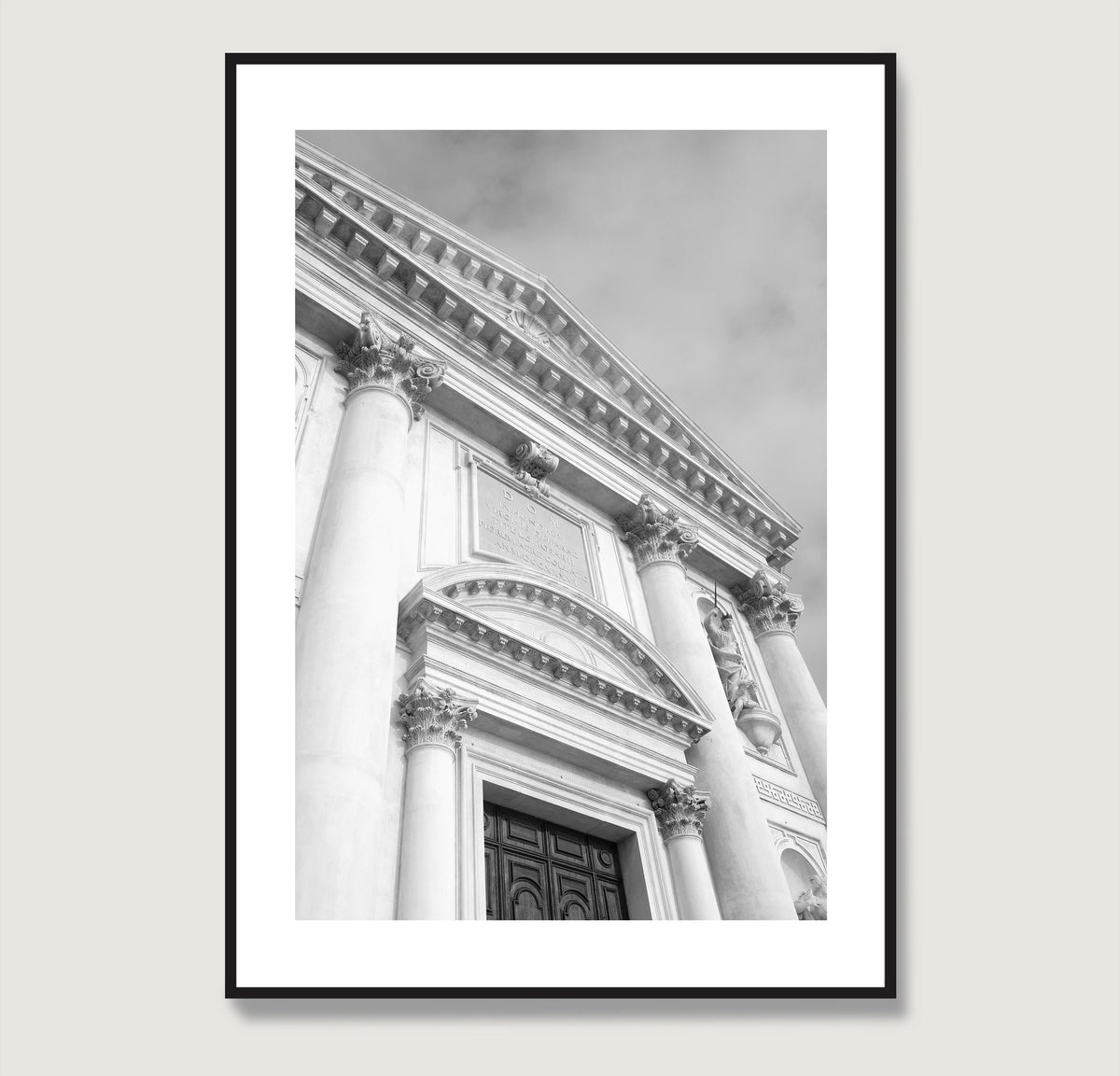 Classic facade of a Venetian church, black and white architectural photography art print.