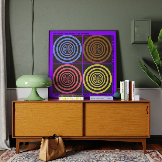 Colorful abstract vintage art print in an eclectic interior.