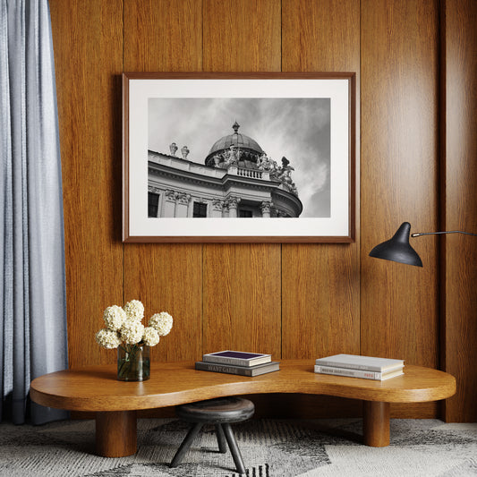 Classic Vienna architectural corner, black and white photography art print in a mid-century modern interior.