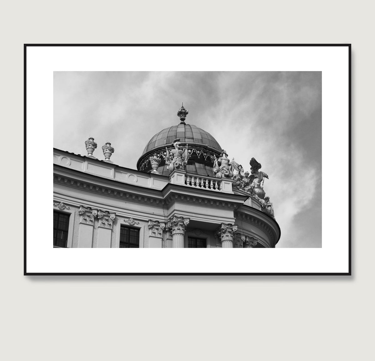 Classic Vienna architectural corner, black and white photography art print.