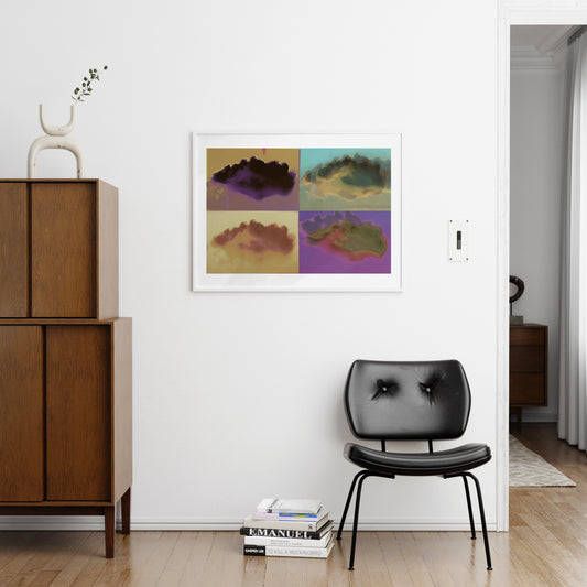 Pop art clouds colorful art print in a minimalist interior.
