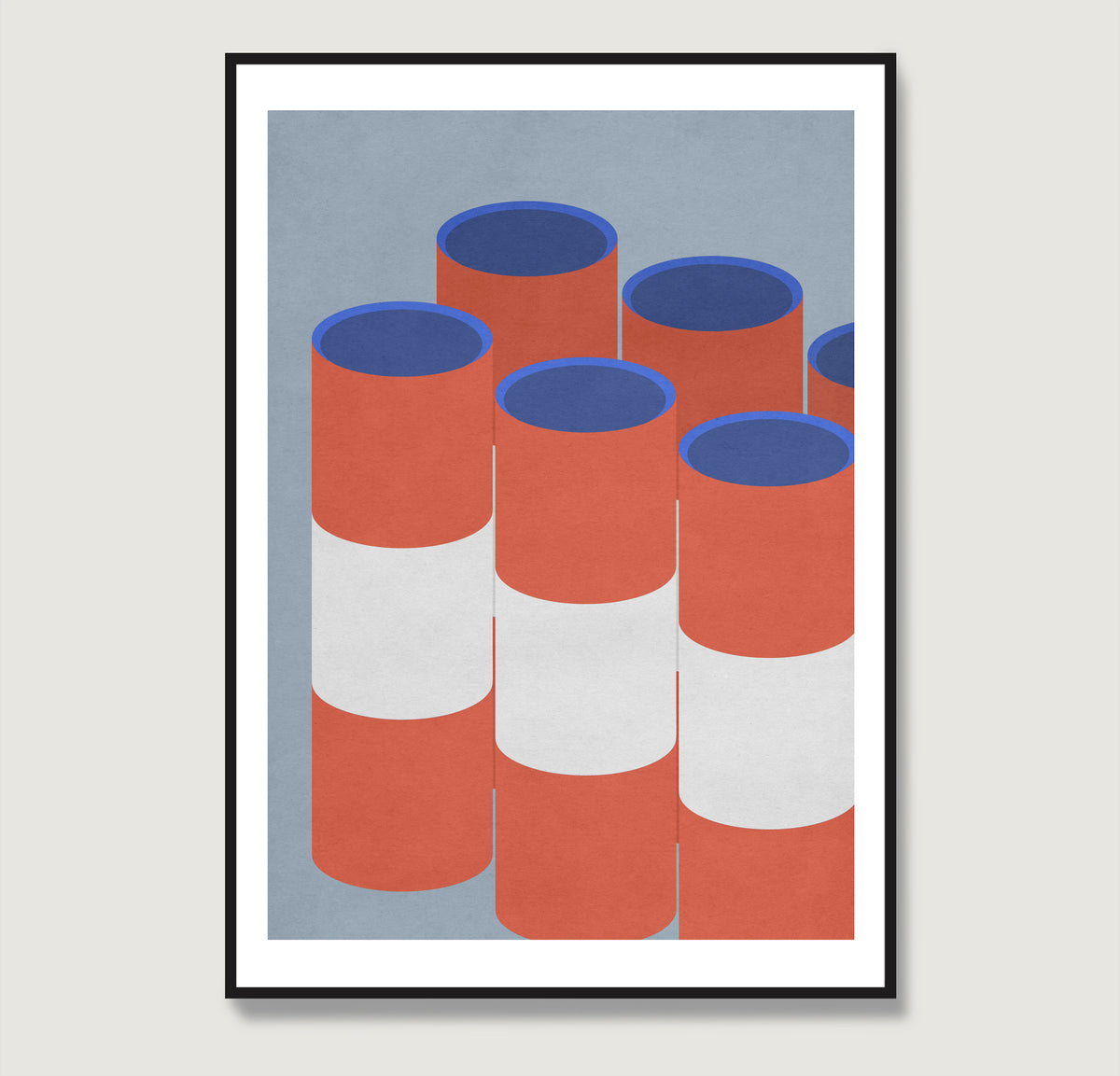 Red and blue graphic art print.