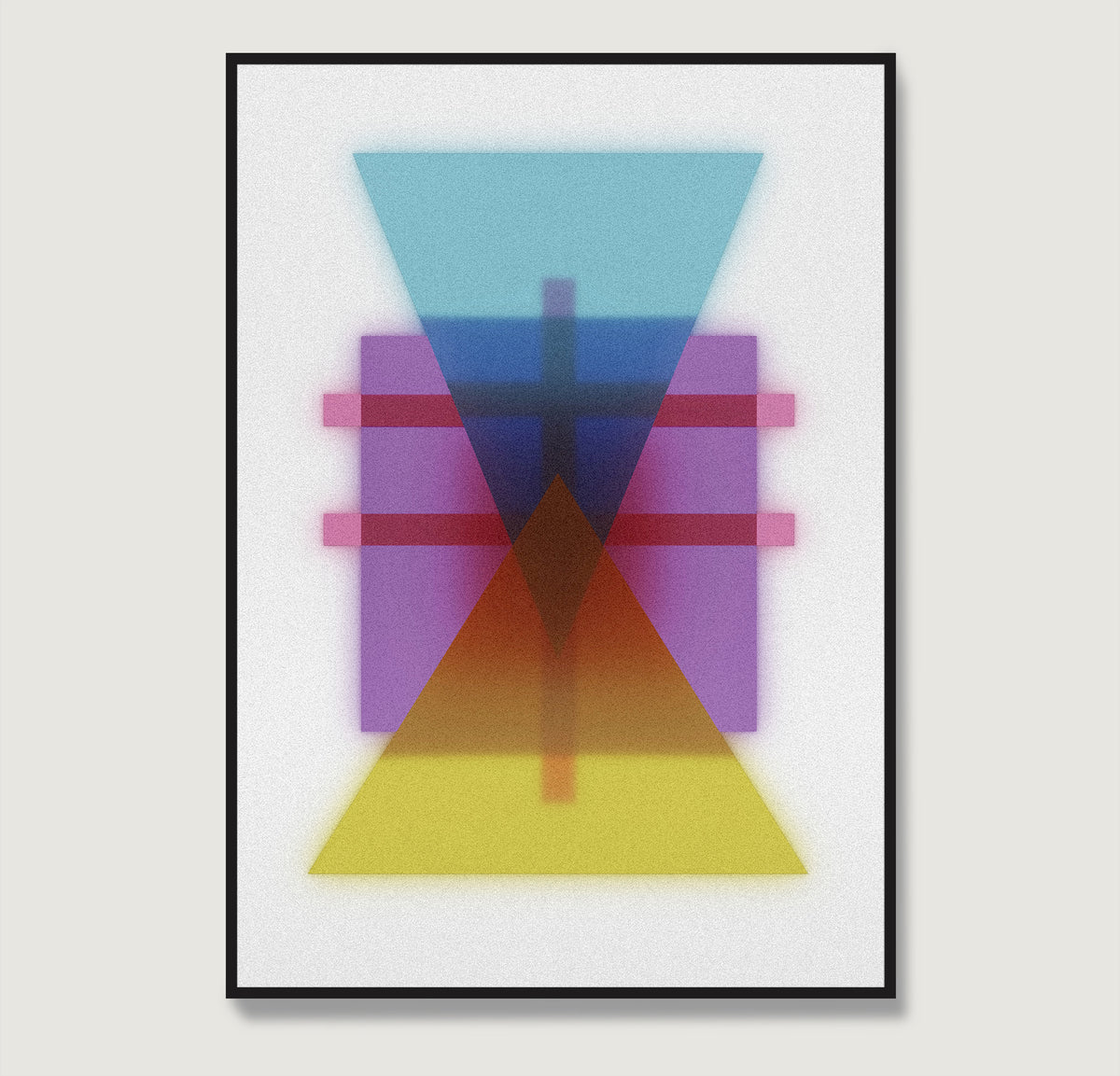 Framed abstract art with colorful geometric shapes on a white background