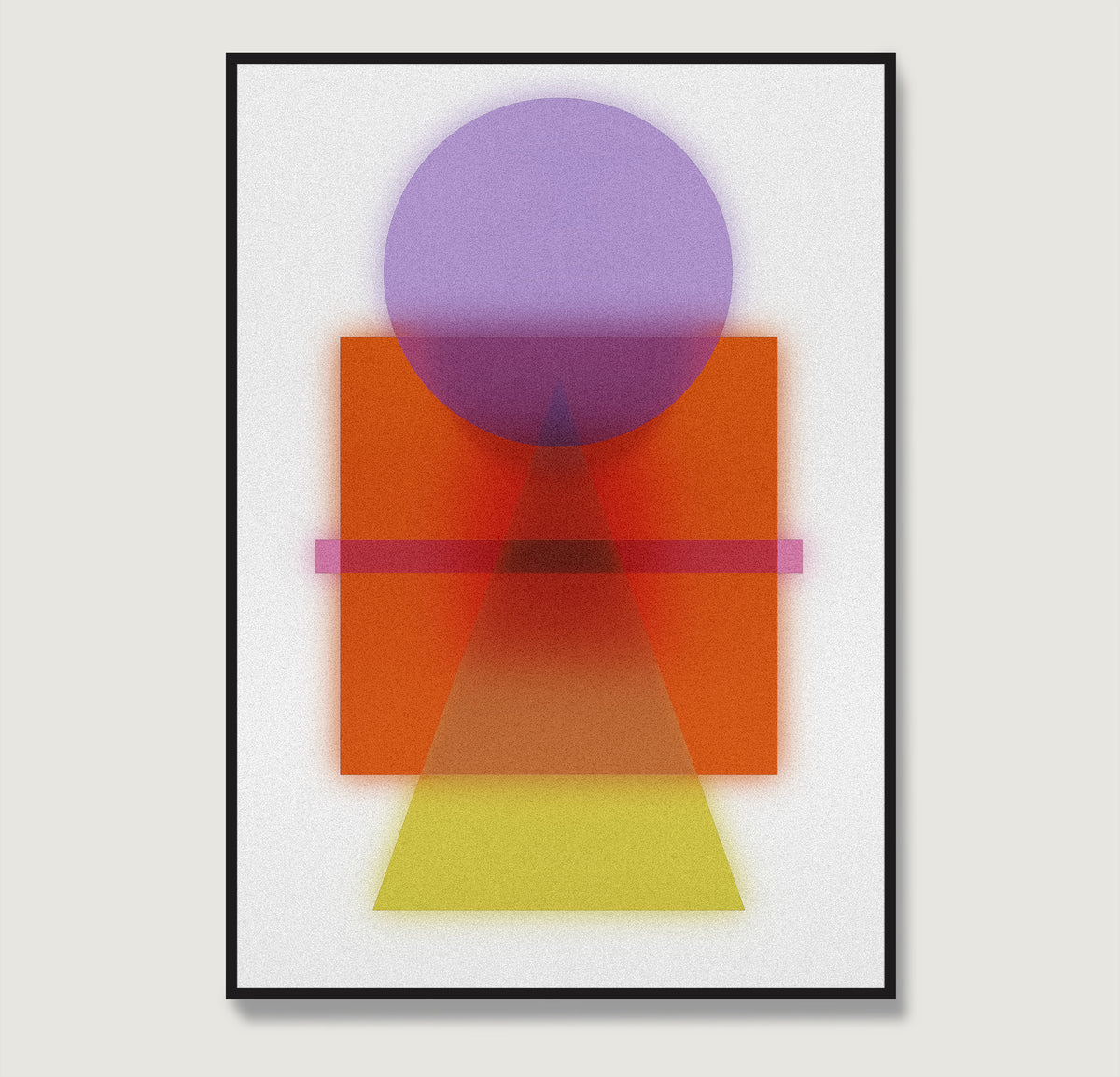 Colorful abstract art print with geometric shapes on a light gray background