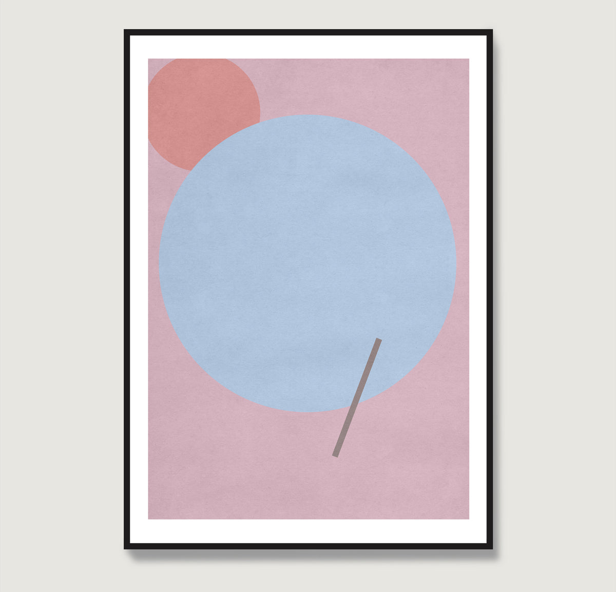 Pink graphic art print with a blue circle.