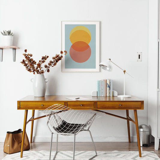 Colorful 80's style graphic art print, in a bright home office.