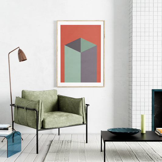 Red and green geometric graphic art print in an eclectic, white interior.
