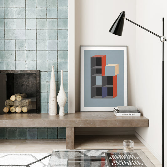 Moody geometric graphic art print in a mid-century modern interior.