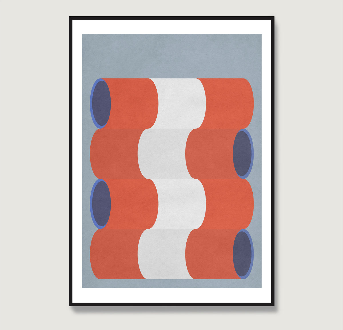 Blue, white and red graphic art print.