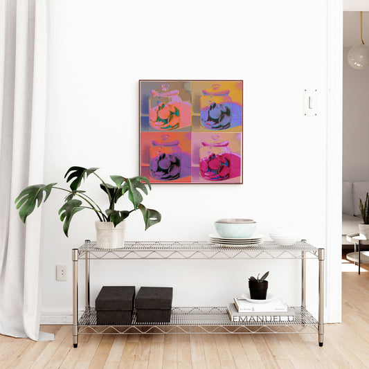 Colorful pop art art print in a bright, white interior.