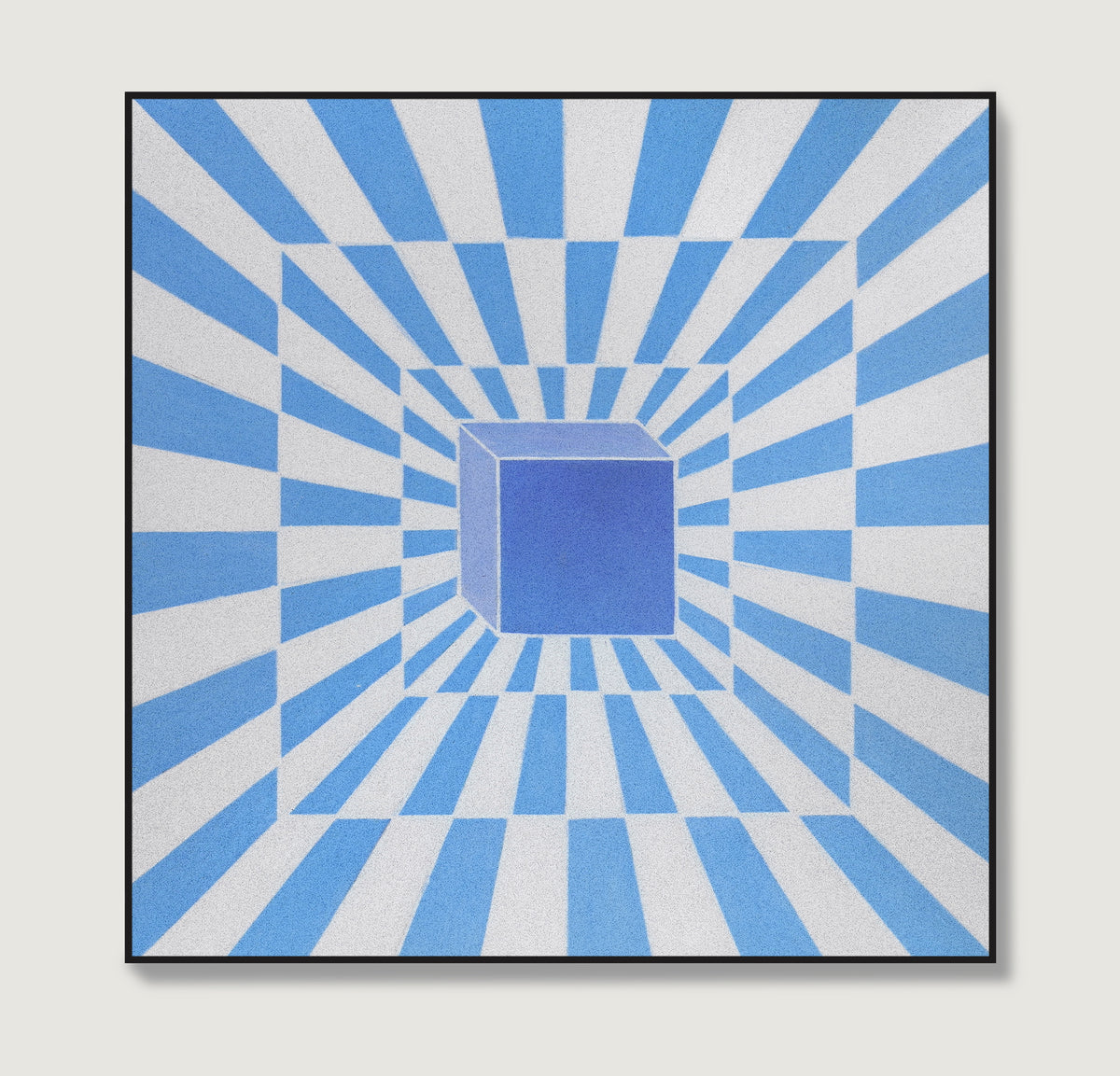 Op art piece with blue and white striped pattern and central square.