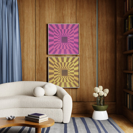 Modern living room with a beige sofa, wooden coffee table, and abstract wall art.